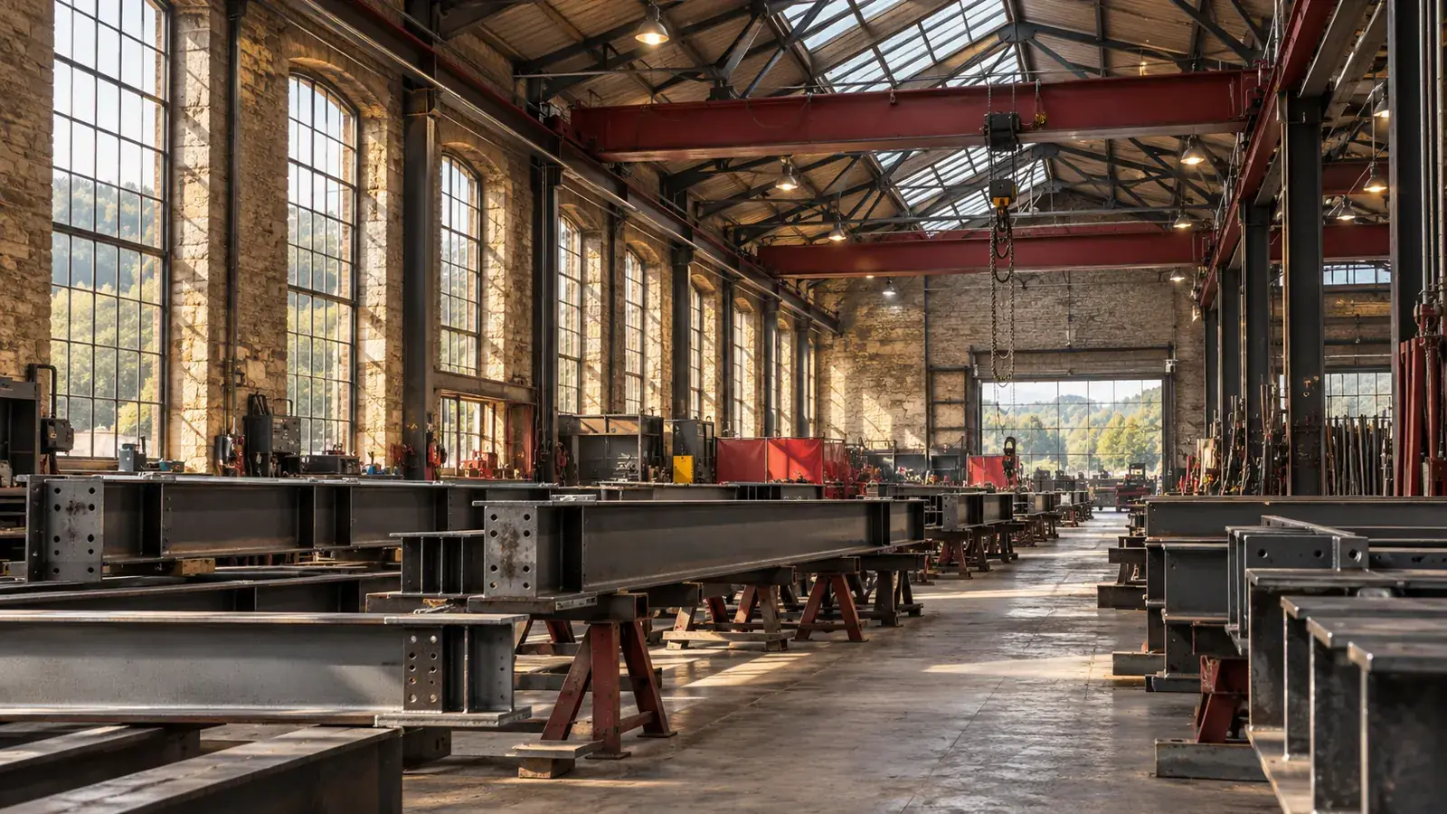 Structural steel beams laid out in a stone-built industrial fabrication workshop